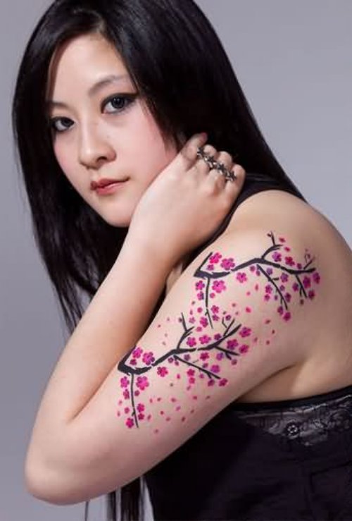 Girl Left Sleeve Cherry Blosoom Flowers Tattoo